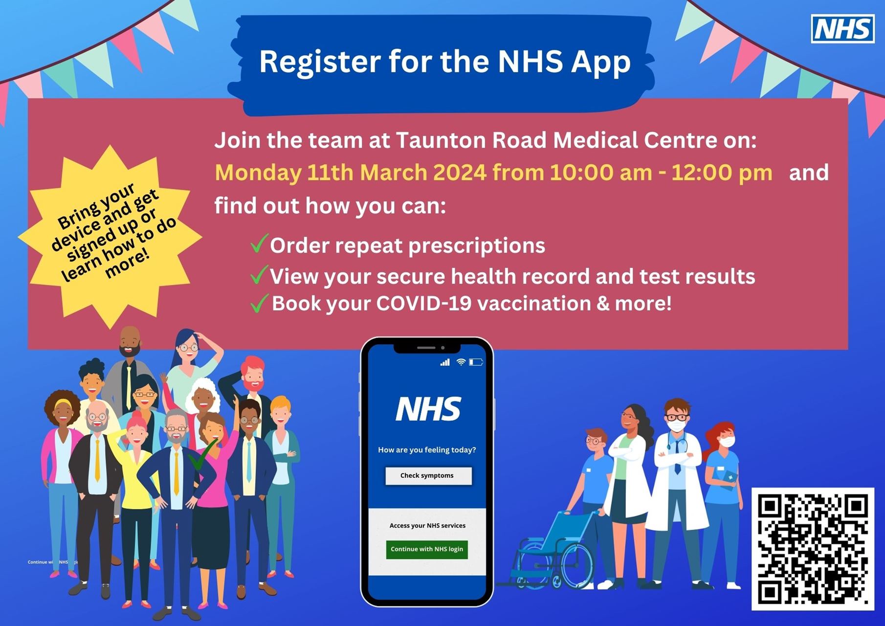 Join the team at Taunton Road Medical Centre on Monday 11th March 2024 from 10:00 to 12:00 to find out how you can use the NHS App to order repeat prescriptions and view your secure health record. Bring your device for help on signing up or learn how to do more!