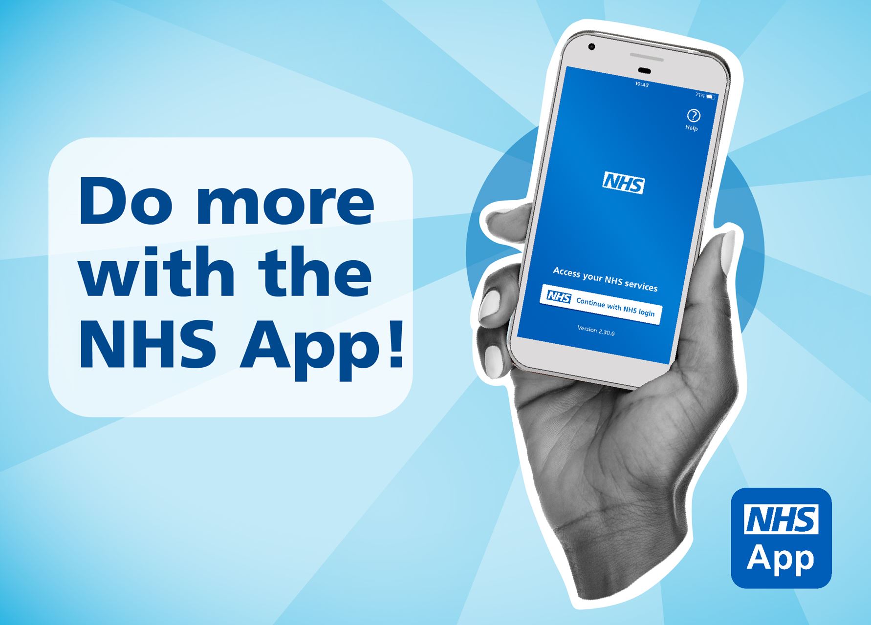 A hand holding a mobile phone with the NHS app open on screen